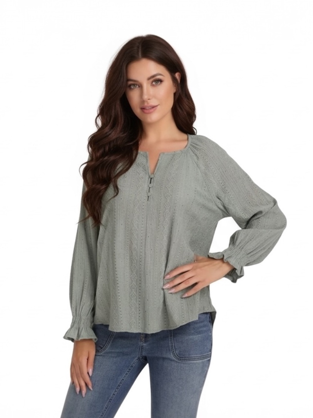 Frye Textured Long Sleeve Peasant Blouse Boho Western Eyelet top green sage Med